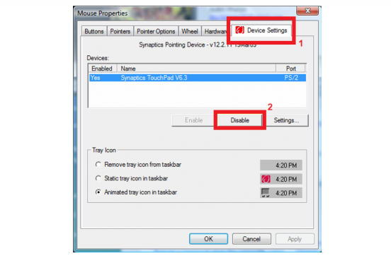 Chọn Device Settings trong giao diện Mouse Properties